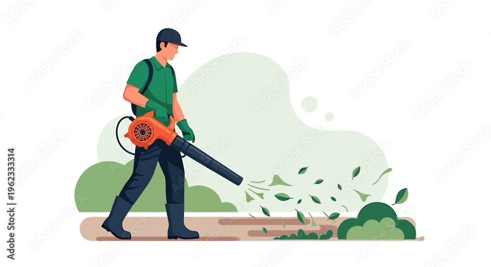 Naklejka premium Gardener using a leaf blower to clear debris from a path.
