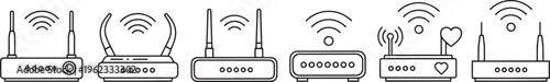 Wifi router icon set with wireless signal antennas and networking hardware symbols for web design.