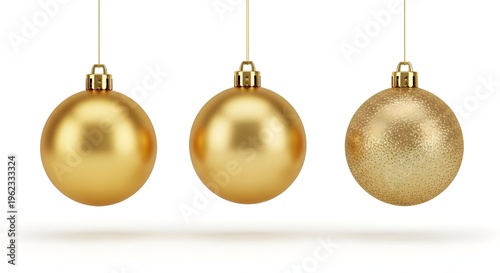 Three gold christmas ornaments isolated on transparent background