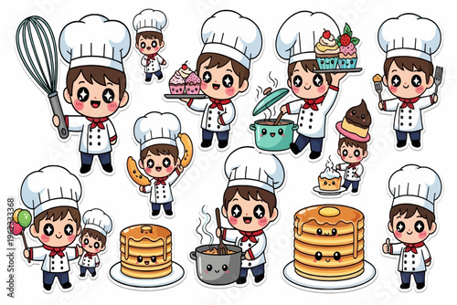 Cartoon chefs and assistants prepare various food items in a lively kitchen setting.