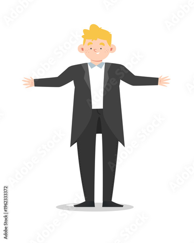 Smiling male presenter in black tuxedo with open arms, formal host or performer character isolated on light background in friendly cartoon vector style