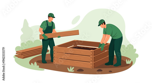 Two construction workers building a wooden compost bin outdoors.