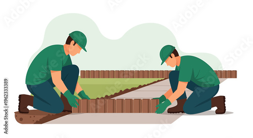 Two construction workers installing a fence outdoors.