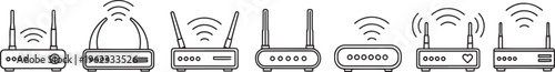 Wireless router icons collection showing wifi hardware devices with antennas for network connection.
