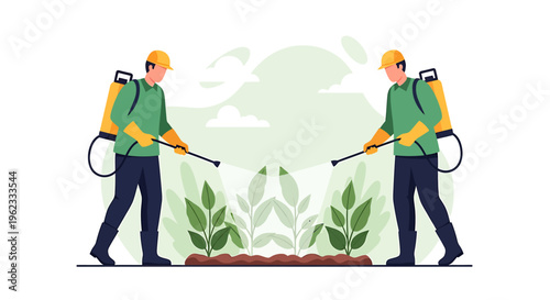 Two Farmers Spraying Plants with Pesticides in a Field.