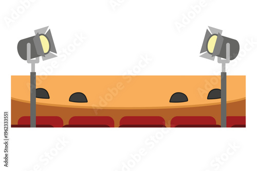 Theater stage with spotlights, audience seating, and wide empty performance area, simple entertainment background in flat vector style with clean copy space