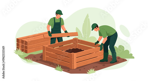Two gardeners building a wooden raised garden bed outdoors.