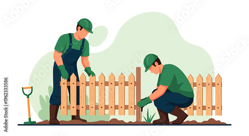 Two gardeners installing a wooden fence in a garden.