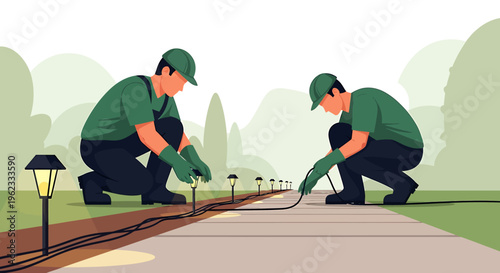 Two gardeners installing outdoor lighting along a pathway.