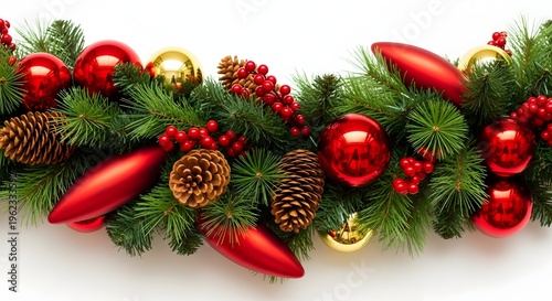 Christmas garland with red and gold decorations isolated on transparent background