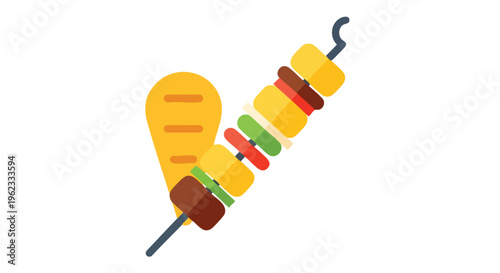 A flat illustration of grilled skewers with various colored food items and a separate piece of bread. The background is white