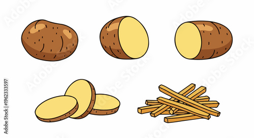 Collection of cartoon-style potatoes in various forms whole, halved, sliced, and fried