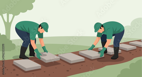 Two gardeners laying paving stones in a garden pathway.