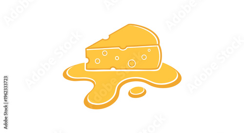 A cartoon wedge of cheese oozing out, with holes and a melted effect. The image uses a bright yellow and white color scheme