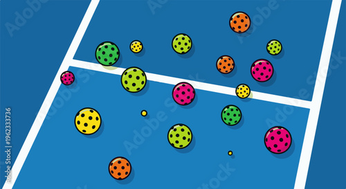 Brightly colored pickleballs scattered across a blue court with white lines