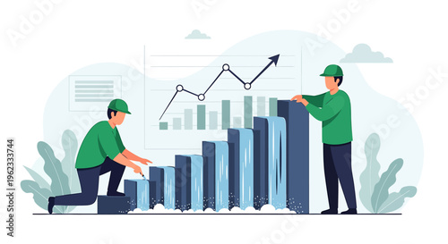 Two men building a financial graph with blocks.