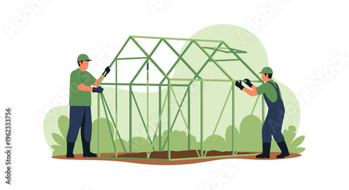 Two men building a greenhouse structure together outdoors.