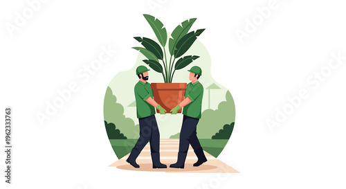 Two men carrying a large potted plant together.