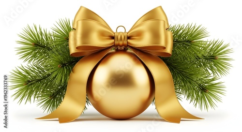 Golden christmas ornament with ribbon and pine isolated on transparent background