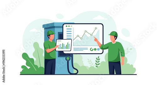 Two people analyzing financial data on a screen.