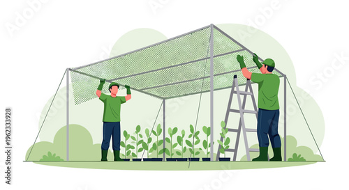 Two people building a greenhouse structure with plants inside.