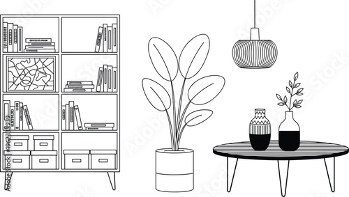 Modern minimalist living room furniture set including bookshelf potted plant and coffee table in line art style.