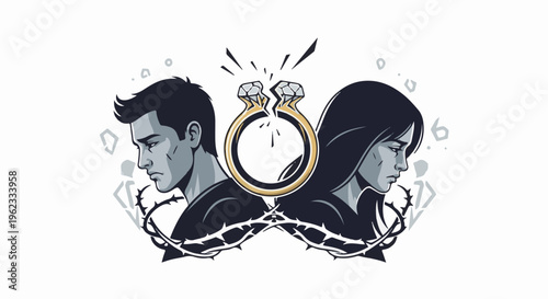 Broken ring separates thoughtful man and woman, thorny vines entwined