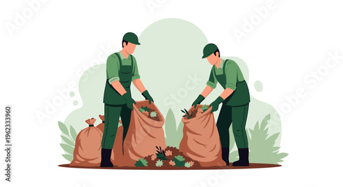 Two sanitation workers filling large bags with waste materials.