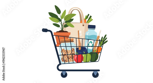 Sustainable & Eco-Friendly Shopping Cart with Zero Waste Groceries, Reusable Products, and Green Lifestyle Essentials - Flat Vector Illustration