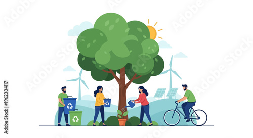 Eco-Friendly Lifestyle: Sustainable Living & Environmental Protection. Recycling, Planting, Green Energy.