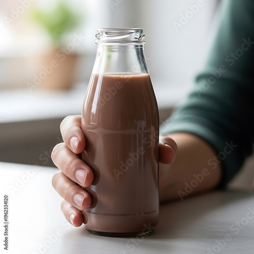 person holding glass bottle of chocolate milk on table. chocolate milk plastic bottle