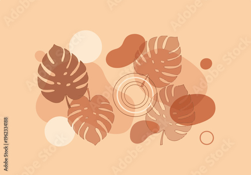Minimalist graphic background with monstera leaves and abstract organic shapes