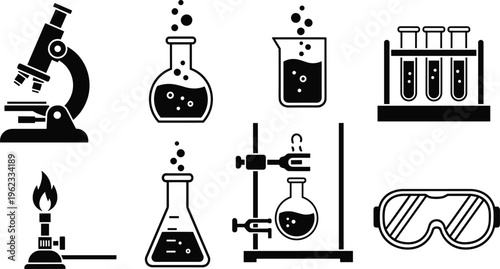 Laboratory equipment icons including microscope test tubes flask and beaker for chemistry research.