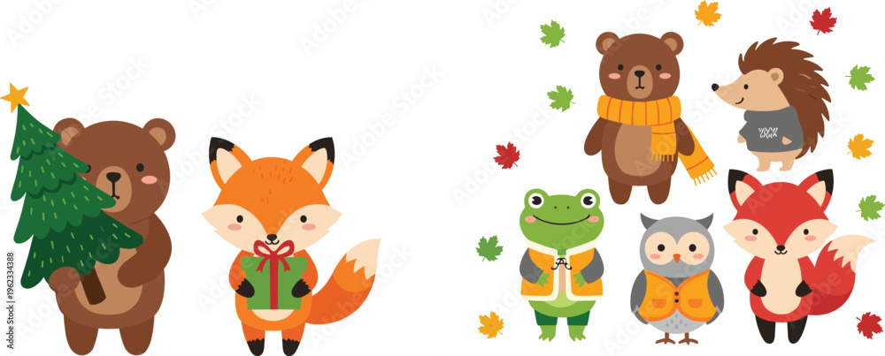 Obraz premium Kawaii Woodland Animals Set with Fox, Bear, Owl, Frog, and Hedgehog in Fall Clothing and Seasonal Decor