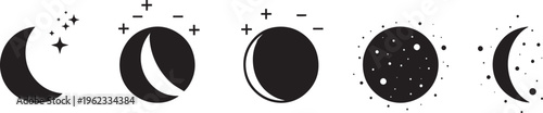 Moon phases icon set showing crescent waxing gibbous and full lunar cycle with decorative ornaments.