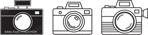 Retro camera icons set vintage photography equipment solid silhouette modern outline.