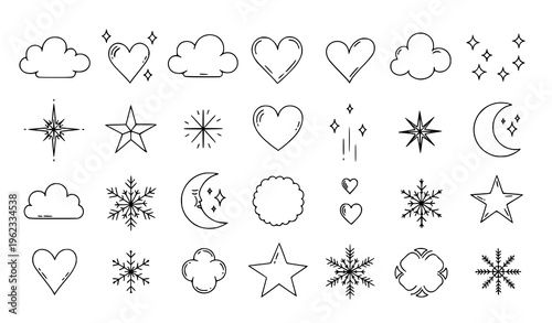 Playful decorative doodle set with hearts clouds stars snowflakes crescent hand drawn black white vector