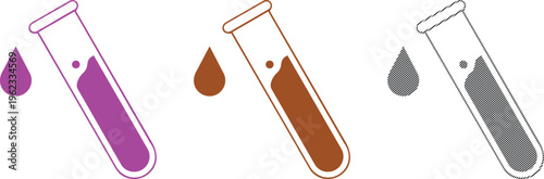 Vector laboratory test tubes with droplets of purple and brown liquid with test tube