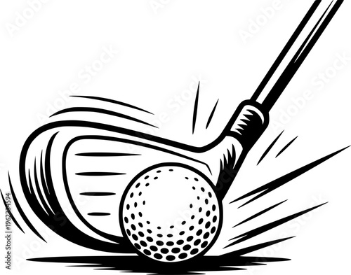 Dynamic black and white of a golf club striking a dimpled golf ball with motion lines