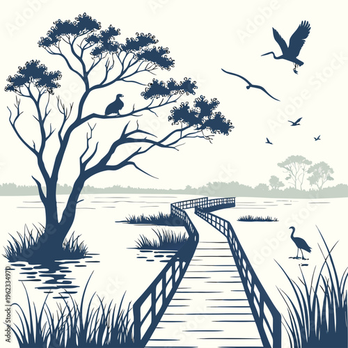 A serene dock scene with birds and trees in a natural setting by a body of water with a peaceful atmosphere and a winding boardwalk
