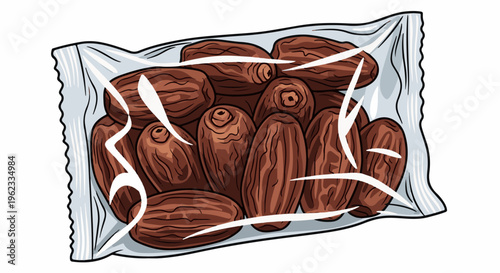 Brown dates packed in a transparent wrapper, depicted in a cartoon style
