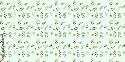 Seamless pattern with small flowers, berries, and leaves, nature backdrop
