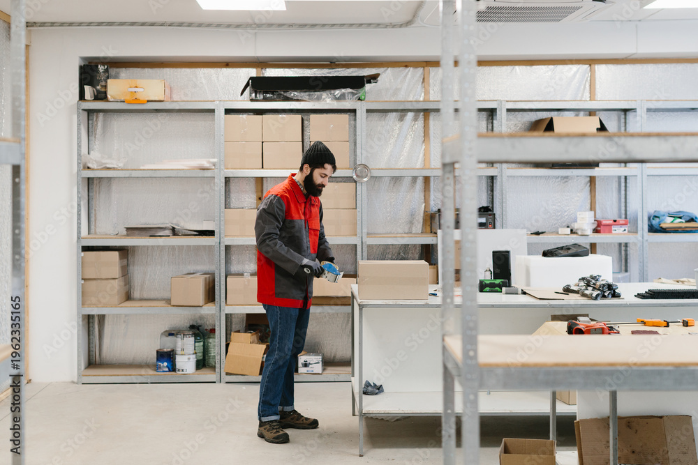 Fototapeta premium Worker packing cardboard box in warehouse for shipping