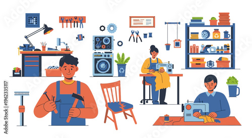 DIY Home Repair and Maintenance Services Illustration. Craftsmen Fixing Furniture, Appliances, and Sewing Projects, Highlighting Skills and Sustainability.