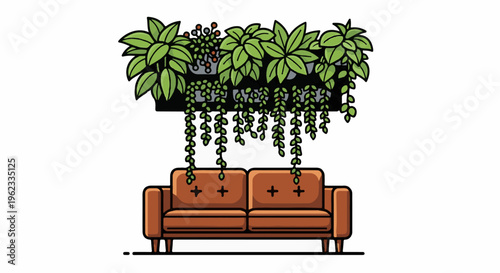 Brown couch beneath hanging plants in a stylized illustration
