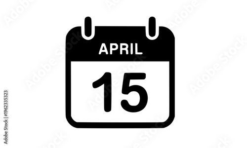 April 15 calendar icon in bold black and white design for tax day, deadline, event reminder, appointment scheduling, and important date announcement concepts