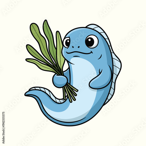 A cartoonish, blue eel-like creature with big eyes and a slight smile holds a bunch of green seaweed. The background is a soft beige
