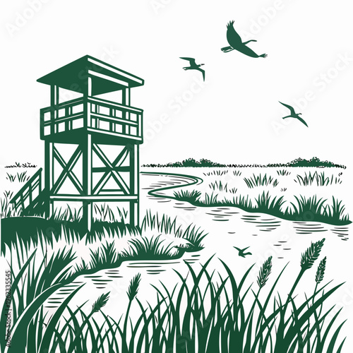 Vector illustration of a green lifeguard tower on a with birds flying overhead and tall grass in the foreground