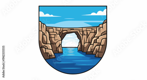 Cartoon archway carved through rock cliffs over blue water under sky