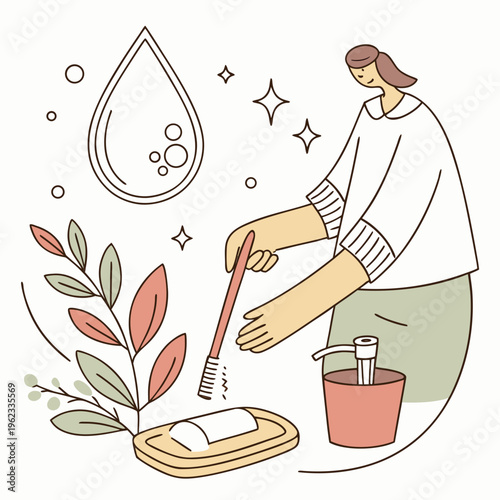 A woman brushing her teeth with a toothbrush and toothpaste on a plate next to a cup with a plant and a water drop with bubbles and stars around her